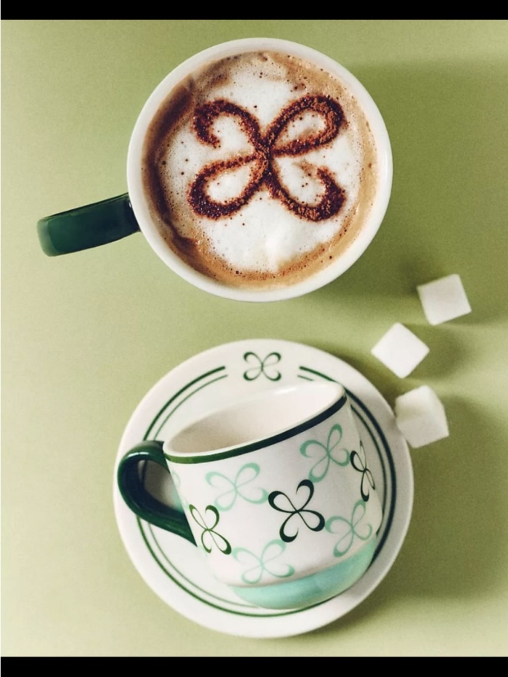 Anthropologie Green & White Stoneware Espresso Cup with Saucer